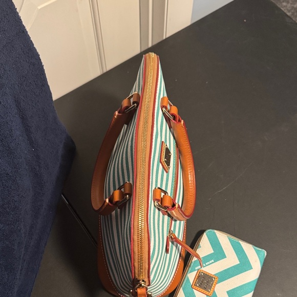 Dooney & Bourke Teal and Tan Striped Satchel - Picture 3 of 16
